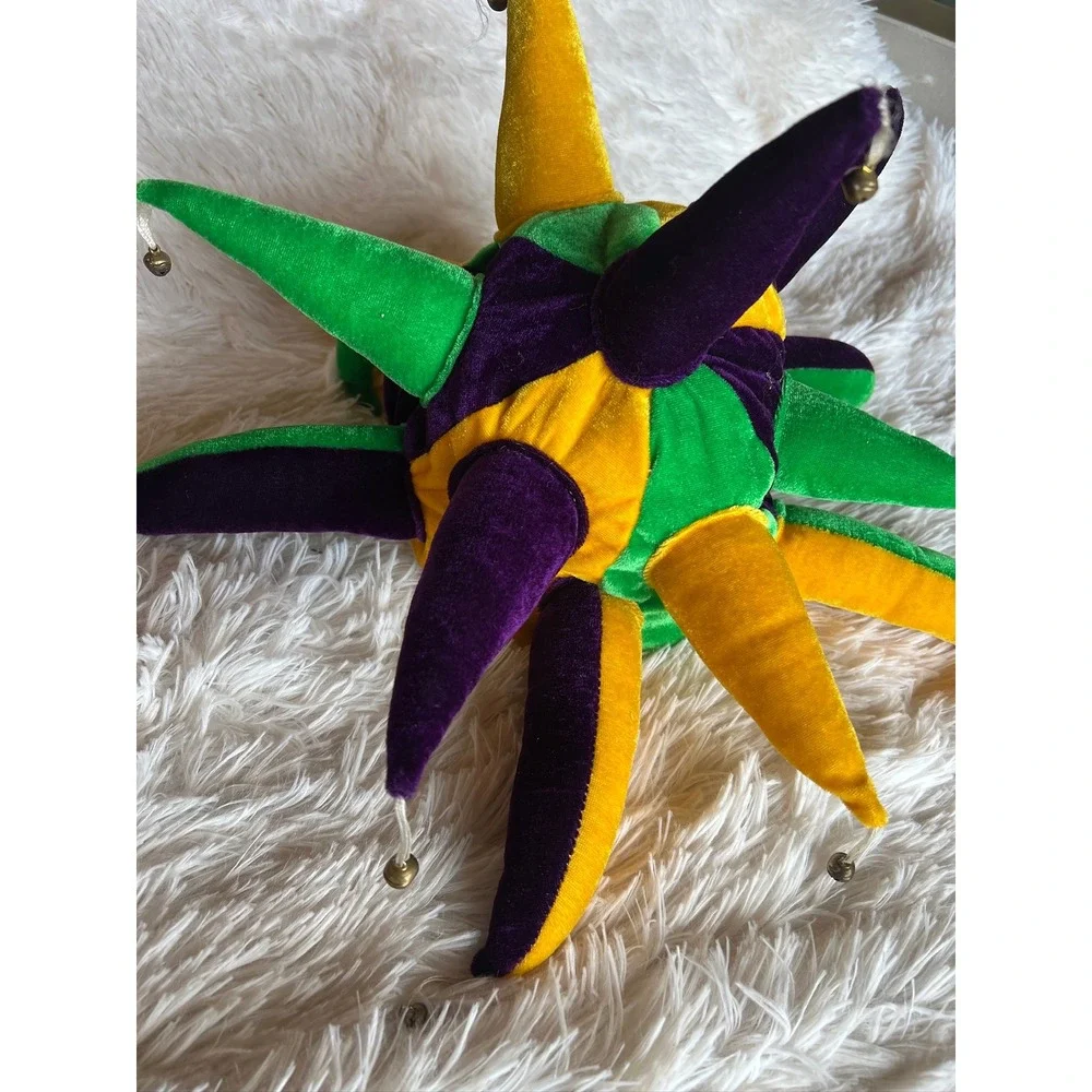Mardi Gras Jester Hat OS Purple Green Gold Velvet Plush Bells Costume Joker READ